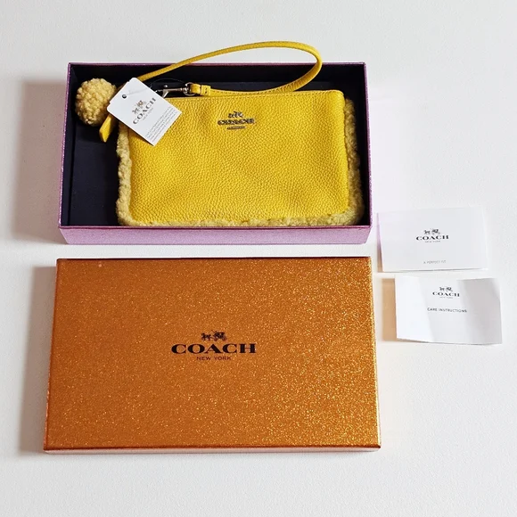 Vintage NWT Coach Shearling Small Wristlet in Banana Yellow With Pom Pom - Picture 9 of 16